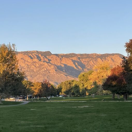 Evening sunset walk with the Sandia Mountains in the distance
