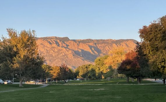 Evening sunset walk with the Sandia Mountains in the distance